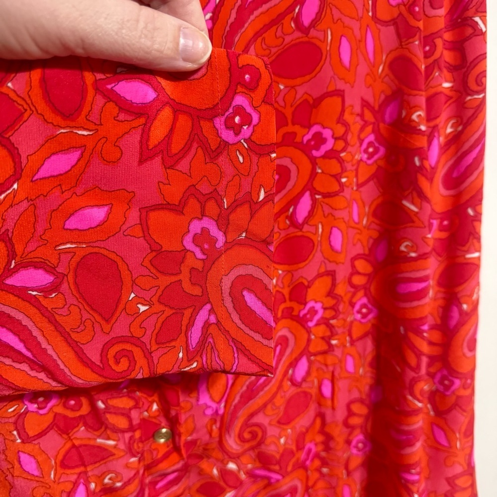 Talbots 100% Silk Paisley Shirt Dress Midi Size 12W Pink Red Orange Coral - Picture 6 of 6